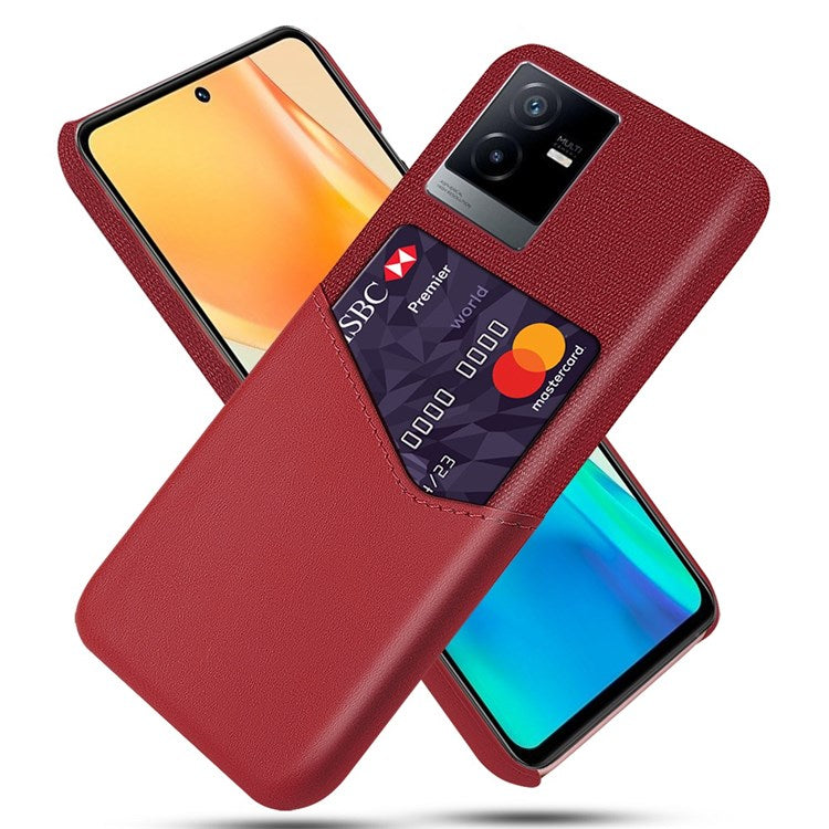 For vivo T2x 5G Scratch-resistant Phone Case Card Holder Cloth Texture PU Leather Coated PC Shell - Red