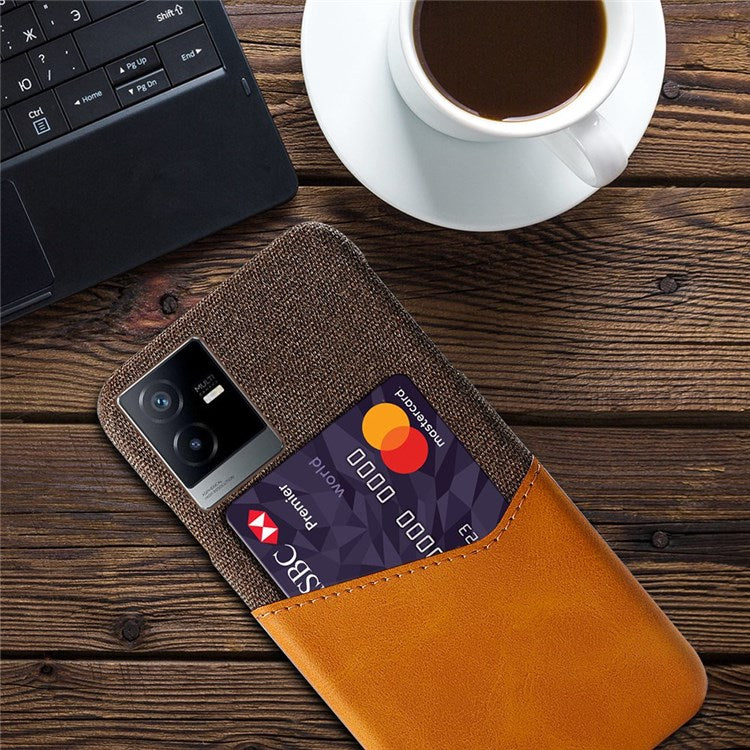 For vivo T2x 5G Scratch-resistant Phone Case Card Holder Cloth Texture PU Leather Coated PC Shell - Orange