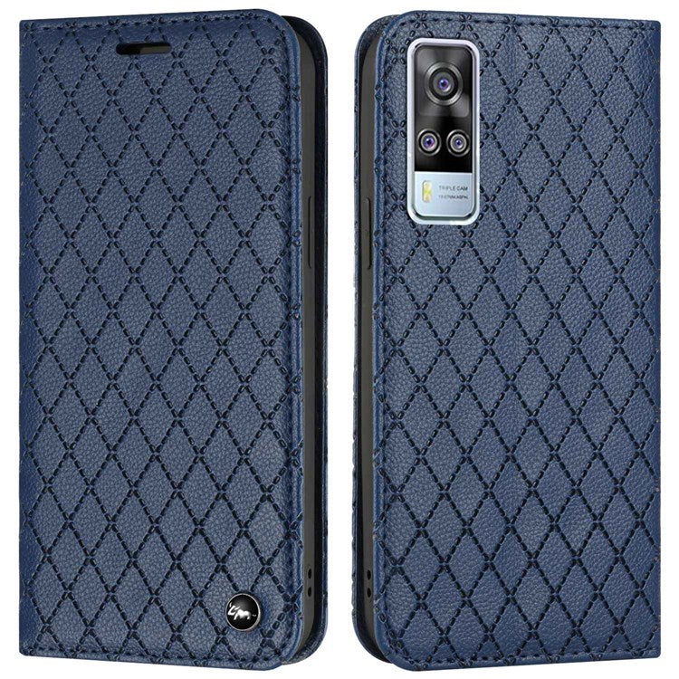 For vivo Y51s / Y51a / Y51 (2020, December) Anti-fall Rhombus Pattern Phone Flip Leather Wallet Case Litchi Texture Wear-resistant Cover with Stand - Blue