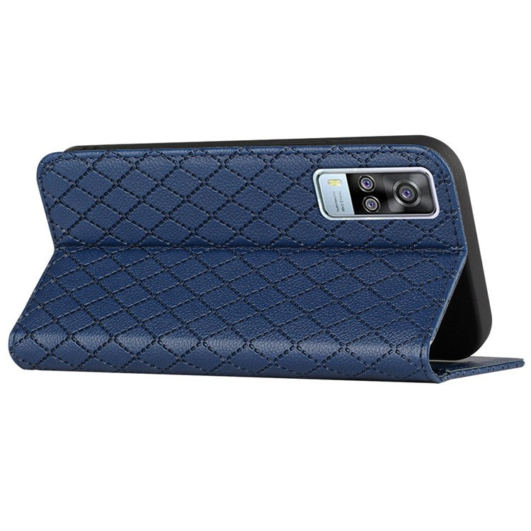 For vivo Y51s / Y51a / Y51 (2020, December) Anti-fall Rhombus Pattern Phone Flip Leather Wallet Case Litchi Texture Wear-resistant Cover with Stand - Blue