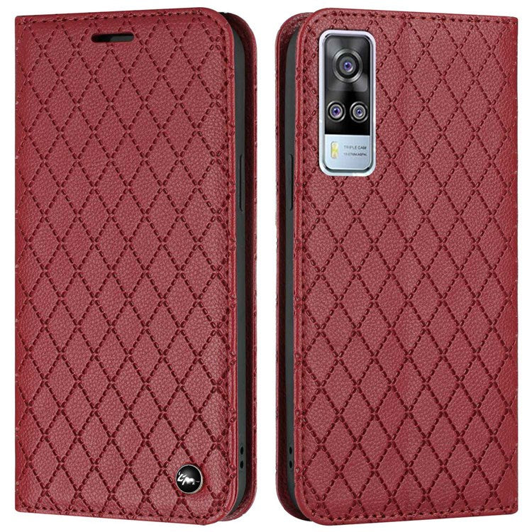 For vivo Y51s / Y51a / Y51 (2020, December) Anti-fall Rhombus Pattern Phone Flip Leather Wallet Case Litchi Texture Wear-resistant Cover with Stand - Red