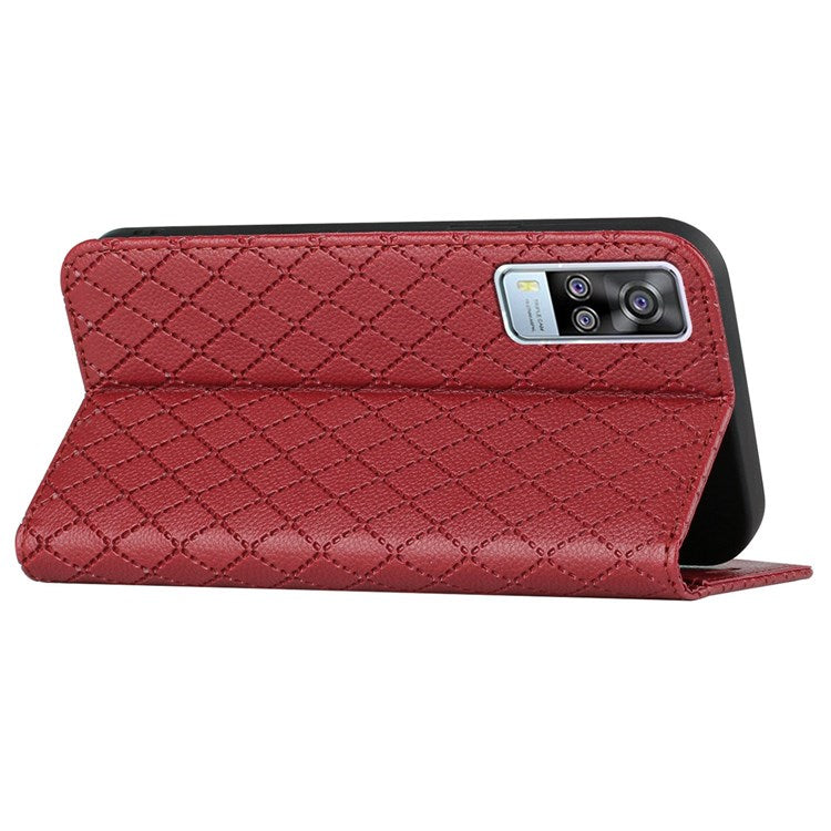 For vivo Y51s / Y51a / Y51 (2020, December) Anti-fall Rhombus Pattern Phone Flip Leather Wallet Case Litchi Texture Wear-resistant Cover with Stand - Red