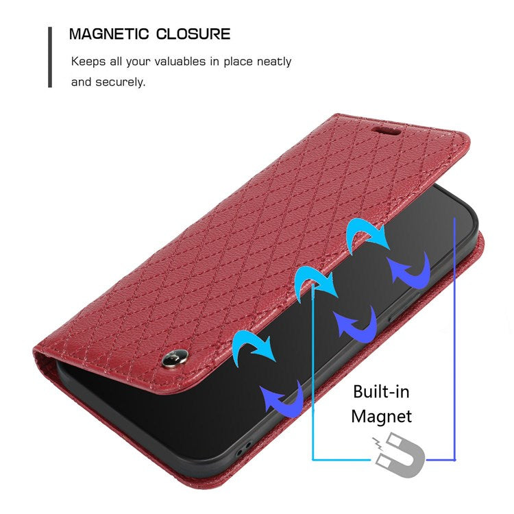 For vivo Y51s / Y51a / Y51 (2020, December) Anti-fall Rhombus Pattern Phone Flip Leather Wallet Case Litchi Texture Wear-resistant Cover with Stand - Red