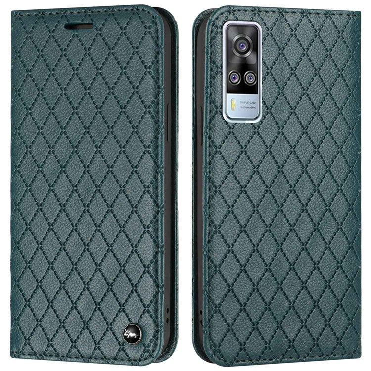 For vivo Y51s / Y51a / Y51 (2020, December) Anti-fall Rhombus Pattern Phone Flip Leather Wallet Case Litchi Texture Wear-resistant Cover with Stand - Green