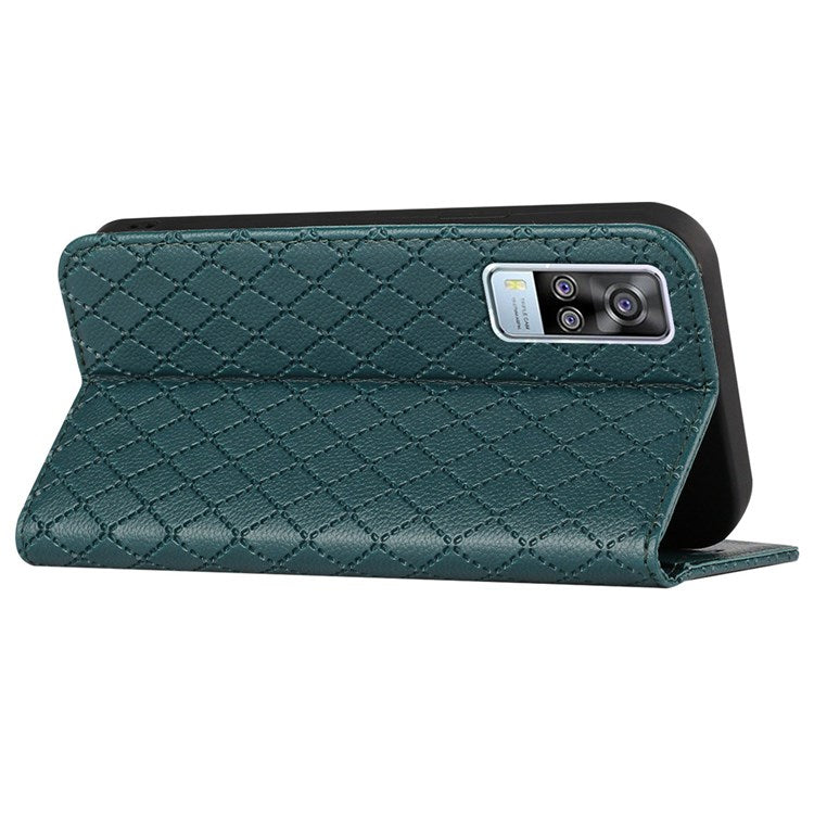 For vivo Y51s / Y51a / Y51 (2020, December) Anti-fall Rhombus Pattern Phone Flip Leather Wallet Case Litchi Texture Wear-resistant Cover with Stand - Green