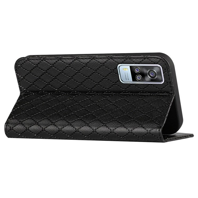 For vivo Y51s / Y51a / Y51 (2020, December) Anti-fall Rhombus Pattern Phone Flip Leather Wallet Case Litchi Texture Wear-resistant Cover with Stand - Black