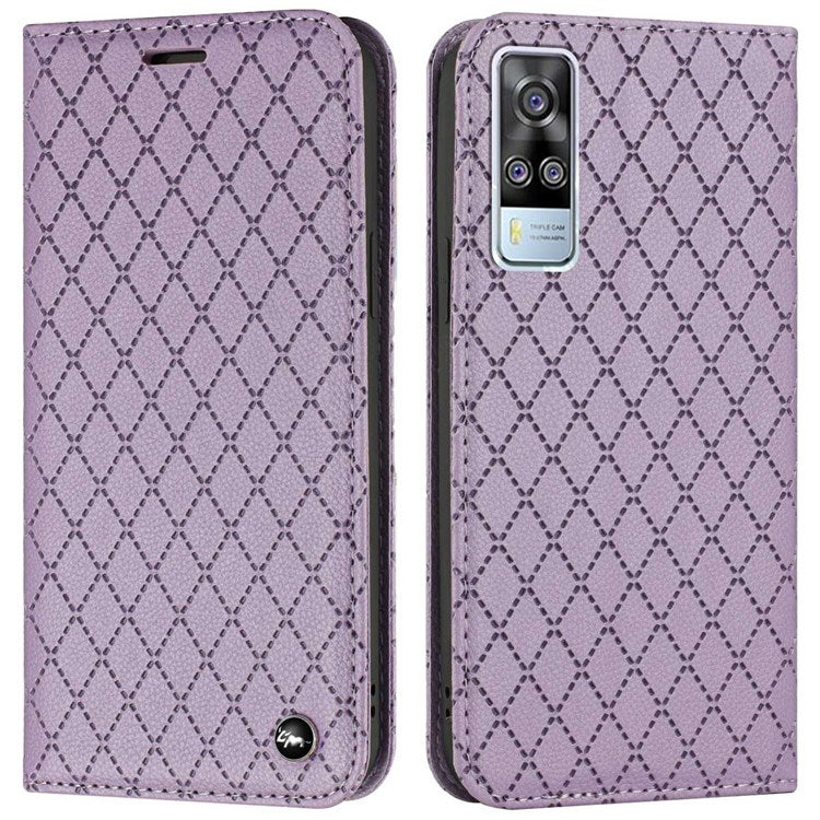 For vivo Y51s / Y51a / Y51 (2020, December) Anti-fall Rhombus Pattern Phone Flip Leather Wallet Case Litchi Texture Wear-resistant Cover with Stand - Purple