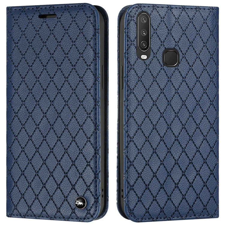 For vivo Y12 / Y15 / Y17 / Y11 (2019) Litchi Texture Anti-drop Phone Cover with Rhombus Pattern Flip Leather Wallet Case Stand - Blue