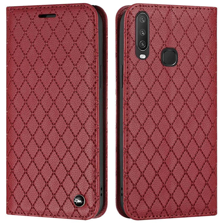 For vivo Y12 / Y15 / Y17 / Y11 (2019) Litchi Texture Anti-drop Phone Cover with Rhombus Pattern Flip Leather Wallet Case Stand - Red