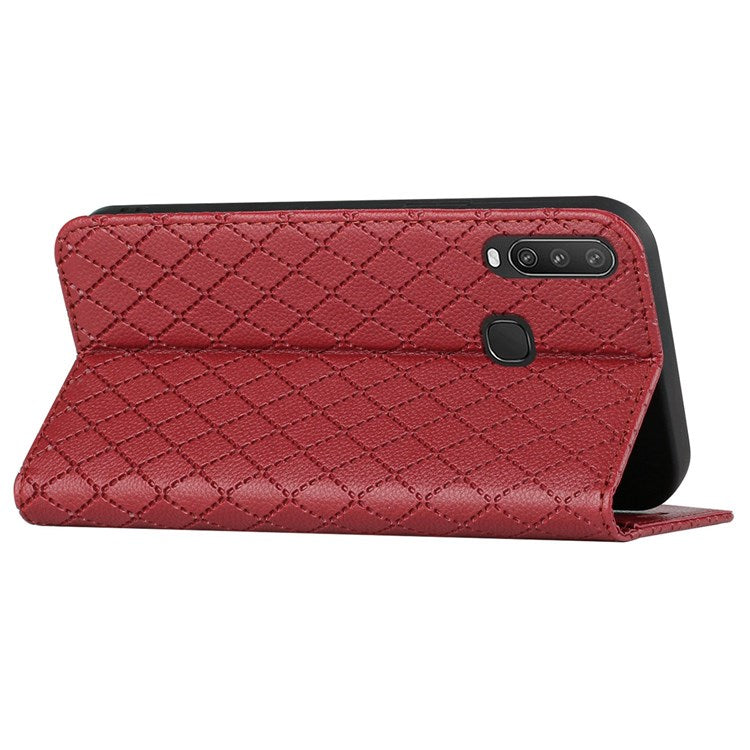 For vivo Y12 / Y15 / Y17 / Y11 (2019) Litchi Texture Anti-drop Phone Cover with Rhombus Pattern Flip Leather Wallet Case Stand - Red