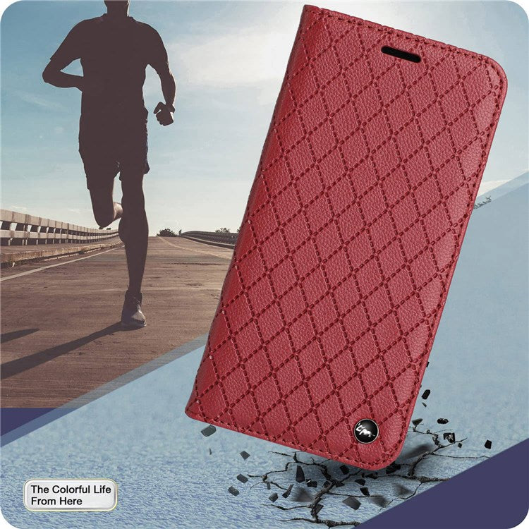 For vivo Y12 / Y15 / Y17 / Y11 (2019) Litchi Texture Anti-drop Phone Cover with Rhombus Pattern Flip Leather Wallet Case Stand - Red