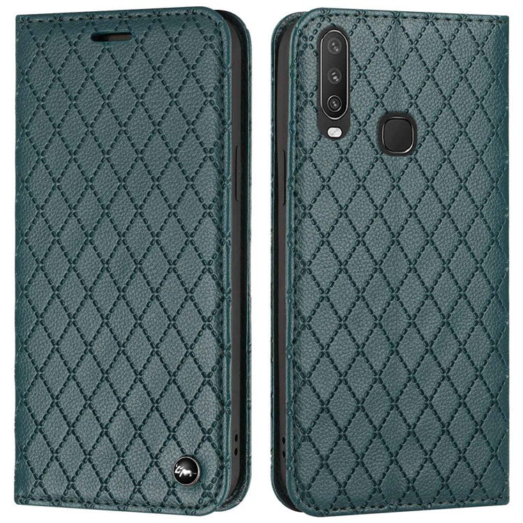 For vivo Y12 / Y15 / Y17 / Y11 (2019) Litchi Texture Anti-drop Phone Cover with Rhombus Pattern Flip Leather Wallet Case Stand - Green