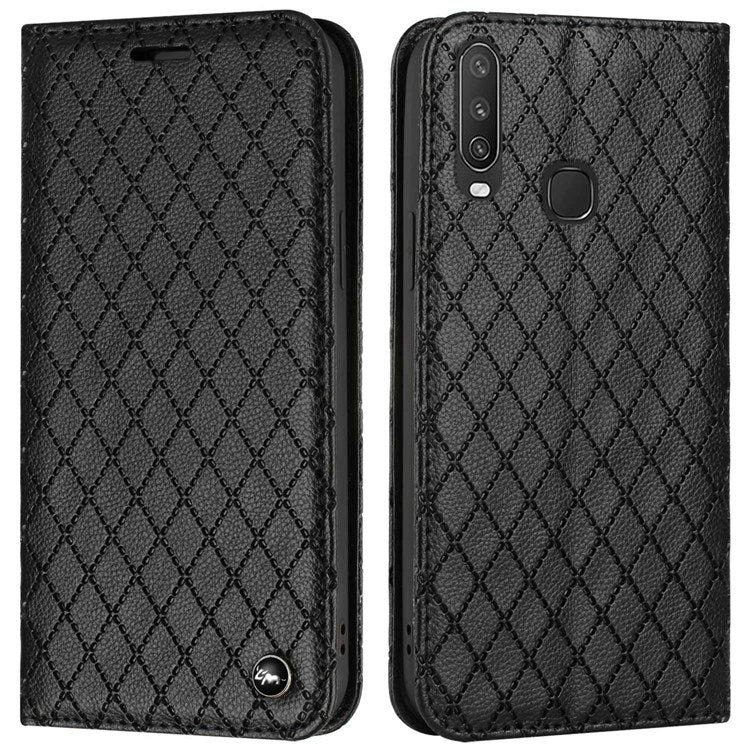 For vivo Y12 / Y15 / Y17 / Y11 (2019) Litchi Texture Anti-drop Phone Cover with Rhombus Pattern Flip Leather Wallet Case Stand - Black