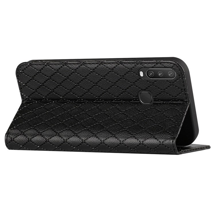 For vivo Y12 / Y15 / Y17 / Y11 (2019) Litchi Texture Anti-drop Phone Cover with Rhombus Pattern Flip Leather Wallet Case Stand - Black