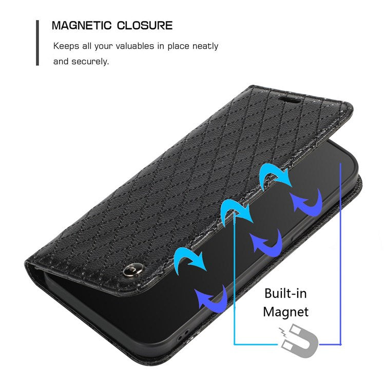 For vivo Y12 / Y15 / Y17 / Y11 (2019) Litchi Texture Anti-drop Phone Cover with Rhombus Pattern Flip Leather Wallet Case Stand - Black