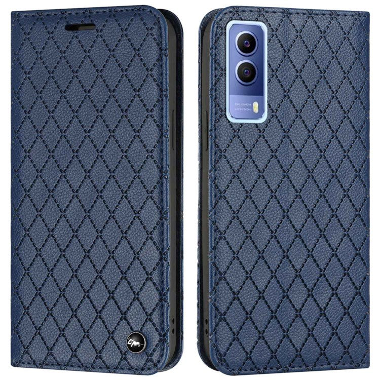 For vivo Y72 5G / iQOO Z3 5G / Y53s / Y52 5G Litchi Texture Anti-drop Phone Cover with Rhombus Pattern Full Protection Flip Leather Wallet Case Stand - Blue