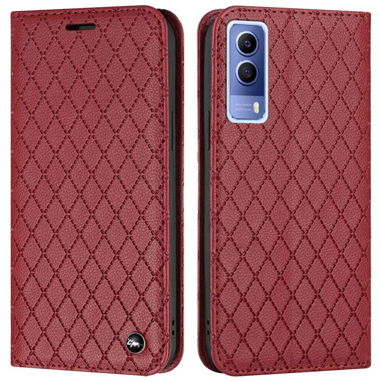 For vivo Y72 5G / iQOO Z3 5G / Y53s / Y52 5G Litchi Texture Anti-drop Phone Cover with Rhombus Pattern Full Protection Flip Leather Wallet Case Stand - Red