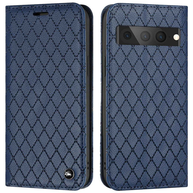 Litchi Texture Protective Case for Google Pixel 7 Pro Shockproof Folio Flip Cover with Wallet Rhombus Pattern Embossed PU Leather Stand Case RFID Blocking Phone Cover - Blue