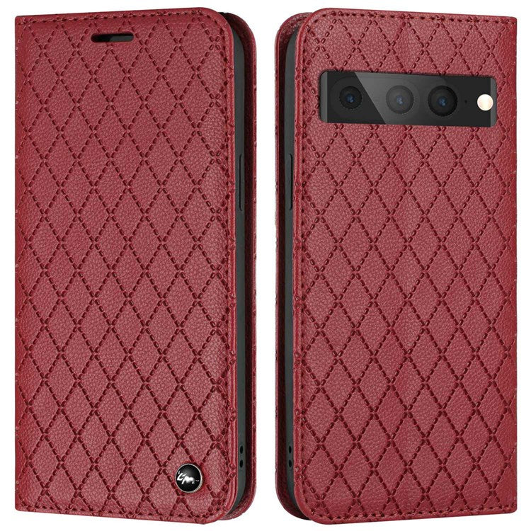 Litchi Texture Protective Case for Google Pixel 7 Pro Shockproof Folio Flip Cover with Wallet Rhombus Pattern Embossed PU Leather Stand Case RFID Blocking Phone Cover - Red