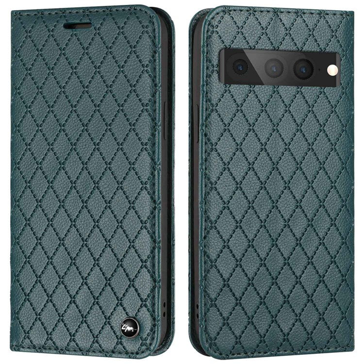 Litchi Texture Protective Case for Google Pixel 7 Pro Shockproof Folio Flip Cover with Wallet Rhombus Pattern Embossed PU Leather Stand Case RFID Blocking Phone Cover - Green