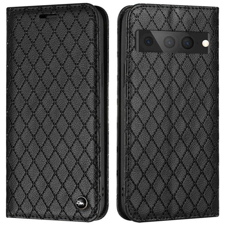 Litchi Texture Protective Case for Google Pixel 7 Pro Shockproof Folio Flip Cover with Wallet Rhombus Pattern Embossed PU Leather Stand Case RFID Blocking Phone Cover - Black