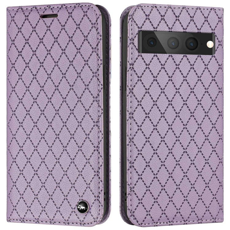 Litchi Texture Protective Case for Google Pixel 7 Pro Shockproof Folio Flip Cover with Wallet Rhombus Pattern Embossed PU Leather Stand Case RFID Blocking Phone Cover - Purple