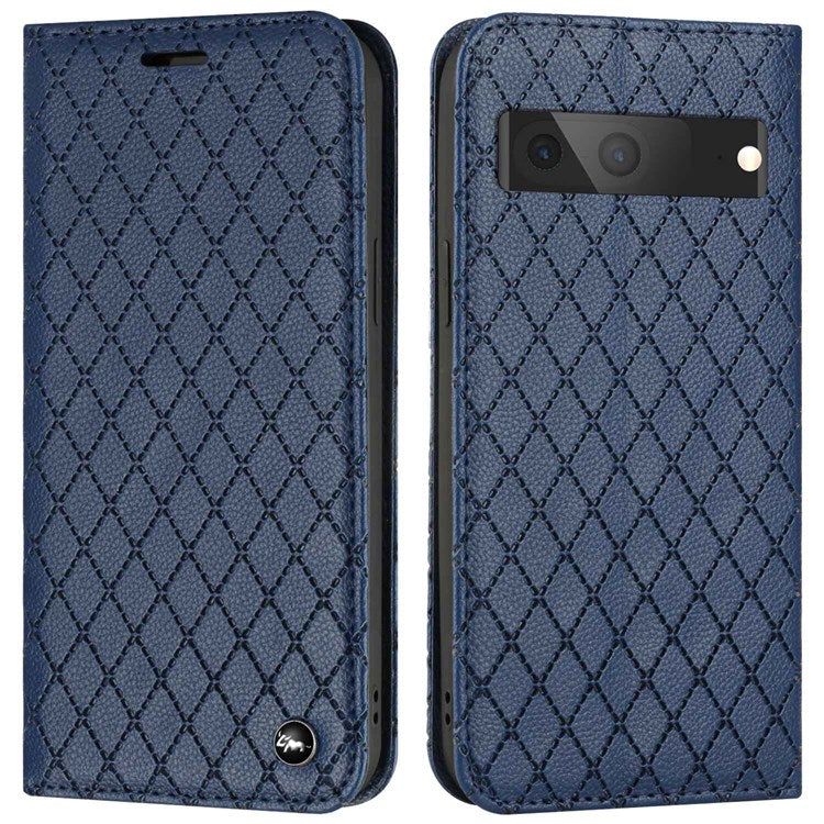 Litchi Texture Wallet Case for Google Pixel 7 5G Folio Flip Protective Cover Rhombus Pattern Embossed PU Leather Stand Case RFID Blocking Phone Cover - Blue