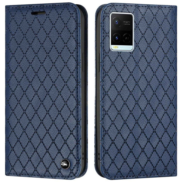 For vivo Y21 / Y33s / Y21s Protective Case Anti-Drop Folio Flip Cover Rhombus Pattern Embossed PU Leather Stand Case RFID Blocking Phone Cover with Wallet - Blue