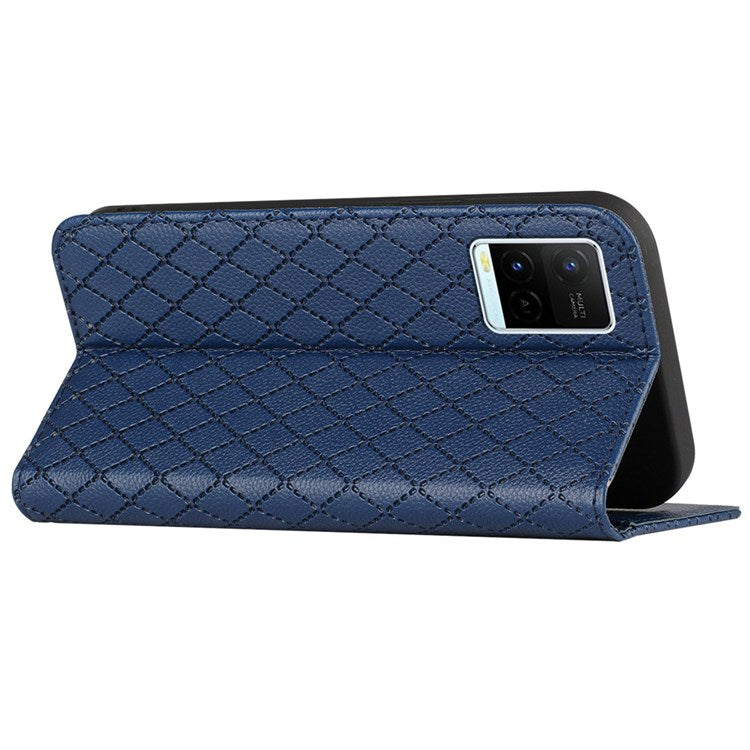 For vivo Y21 / Y33s / Y21s Protective Case Anti-Drop Folio Flip Cover Rhombus Pattern Embossed PU Leather Stand Case RFID Blocking Phone Cover with Wallet - Blue