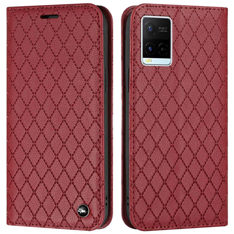 For vivo Y21 / Y33s / Y21s Protective Case Anti-Drop Folio Flip Cover Rhombus Pattern Embossed PU Leather Stand Case RFID Blocking Phone Cover with Wallet - Red