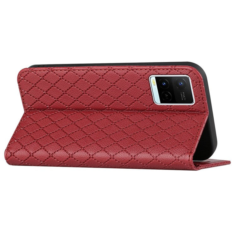 For vivo Y21 / Y33s / Y21s Protective Case Anti-Drop Folio Flip Cover Rhombus Pattern Embossed PU Leather Stand Case RFID Blocking Phone Cover with Wallet - Red