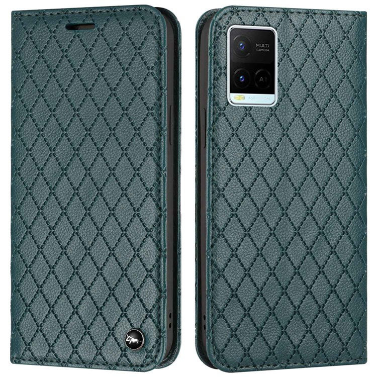 For vivo Y21 / Y33s / Y21s Protective Case Anti-Drop Folio Flip Cover Rhombus Pattern Embossed PU Leather Stand Case RFID Blocking Phone Cover with Wallet - Green