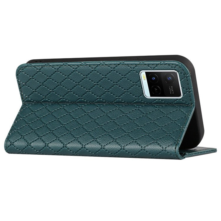 For vivo Y21 / Y33s / Y21s Protective Case Anti-Drop Folio Flip Cover Rhombus Pattern Embossed PU Leather Stand Case RFID Blocking Phone Cover with Wallet - Green