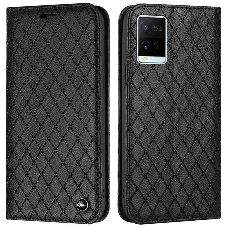 For vivo Y21 / Y33s / Y21s Protective Case Anti-Drop Folio Flip Cover Rhombus Pattern Embossed PU Leather Stand Case RFID Blocking Phone Cover with Wallet - Black