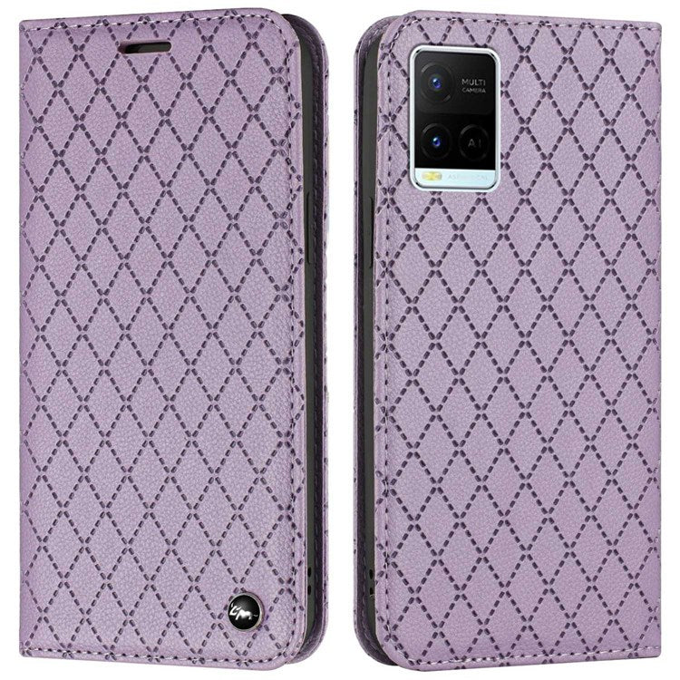 For vivo Y21 / Y33s / Y21s Protective Case Anti-Drop Folio Flip Cover Rhombus Pattern Embossed PU Leather Stand Case RFID Blocking Phone Cover with Wallet - Purple