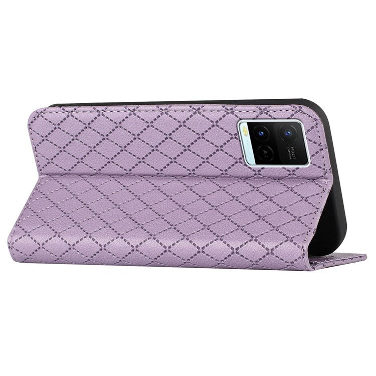 For vivo Y21 / Y33s / Y21s Protective Case Anti-Drop Folio Flip Cover Rhombus Pattern Embossed PU Leather Stand Case RFID Blocking Phone Cover with Wallet - Purple