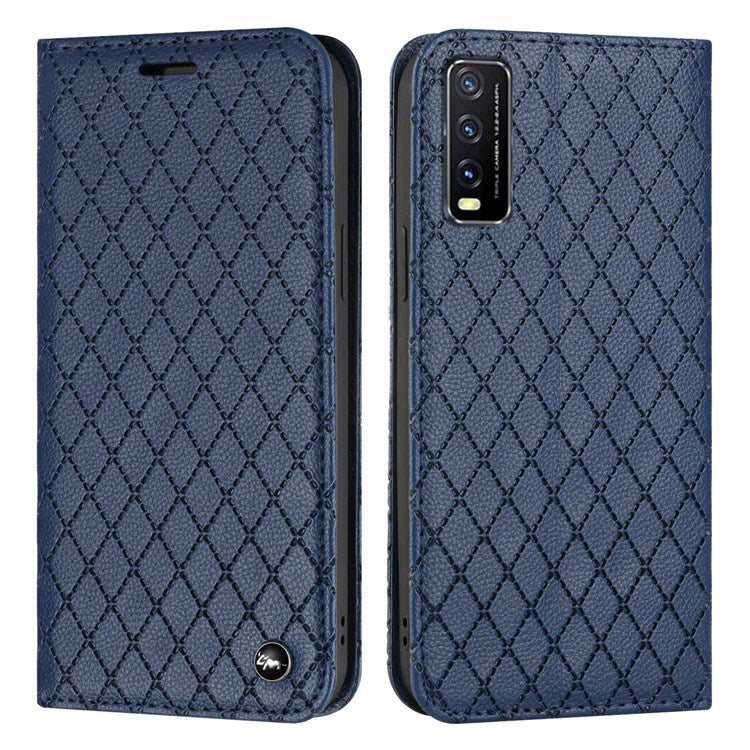 For vivo Y30 /  Y20 / Y20i / Y20s / iQOO U1x / Y20G / Y20 2021 / Y11s / Y12a / Y12s 2021 / Y30g / Y20A Shockproof Flip Wallet Case with Rhombus Pattern - Blue