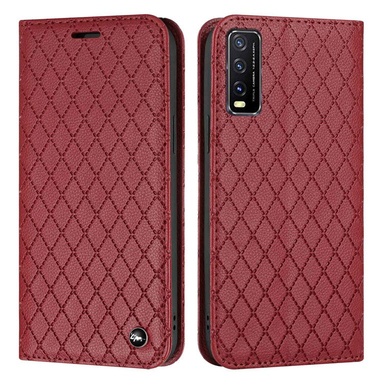 For vivo Y30/ Y20 / Y20i / Y20s / iQOO U1x / Y20G / Y20 2021 / Y11s / Y12a / Y12s 2021 / Y30g / Y20A Shockproof Flip Wallet Case with Rhombus Pattern - Red