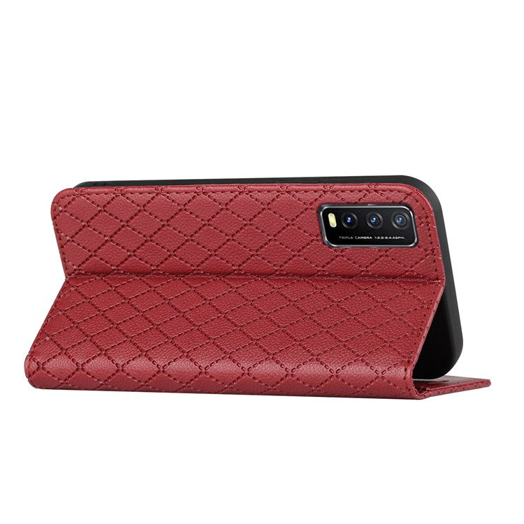 For vivo Y30/ Y20 / Y20i / Y20s / iQOO U1x / Y20G / Y20 2021 / Y11s / Y12a / Y12s 2021 / Y30g / Y20A Shockproof Flip Wallet Case with Rhombus Pattern - Red