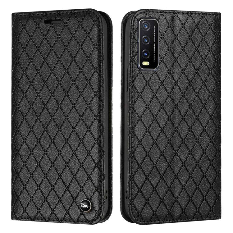 For vivo Y30/ Y20 / Y20i / Y20s / iQOO U1x / Y20G / Y20 2021 / Y11s / Y12a / Y12s 2021 / Y30g / Y20A Shockproof Flip Wallet Case with Rhombus Pattern - Black