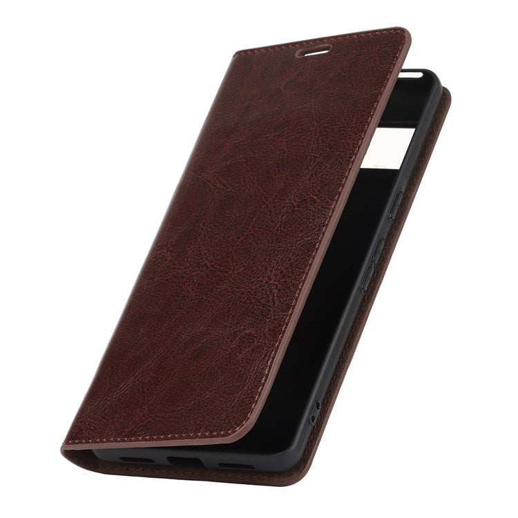 For Google Pixel 7 Pro Genuine Leather Flip Cover Crazy Horse Texture Wallet Stand Magnetic Absorption Anti-scratch Phone Cover - Dark Brown