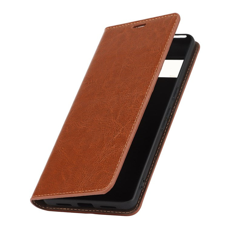 For Google Pixel 7 Pro Genuine Leather Flip Cover Crazy Horse Texture Wallet Stand Magnetic Absorption Anti-scratch Phone Cover - Light Brown