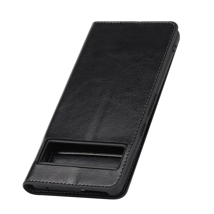 For Google Pixel 7 Pro Genuine Leather Flip Cover Crazy Horse Texture Wallet Stand Magnetic Absorption Anti-scratch Phone Cover - Black