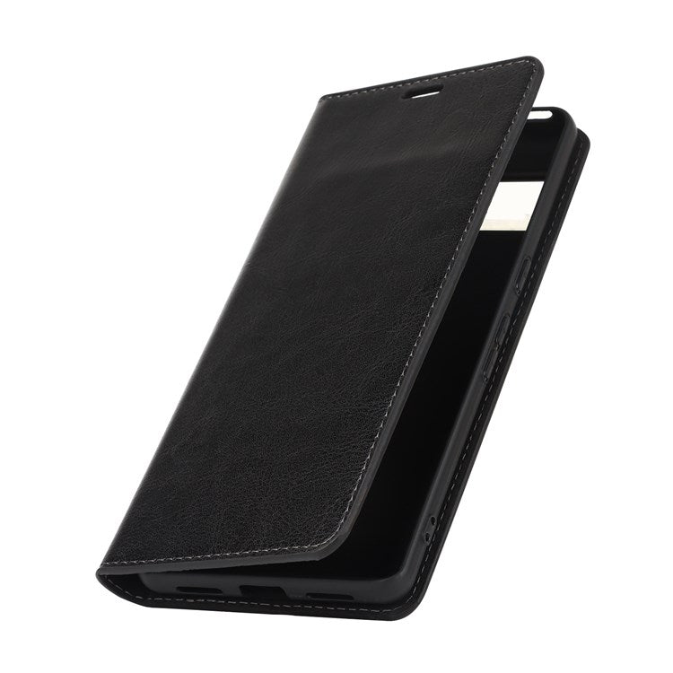 For Google Pixel 7 Pro Genuine Leather Flip Cover Crazy Horse Texture Wallet Stand Magnetic Absorption Anti-scratch Phone Cover - Black