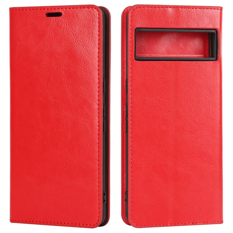 For Google Pixel 7 Pro Genuine Leather Flip Cover Crazy Horse Texture Wallet Stand Magnetic Absorption Anti-scratch Phone Cover - Red