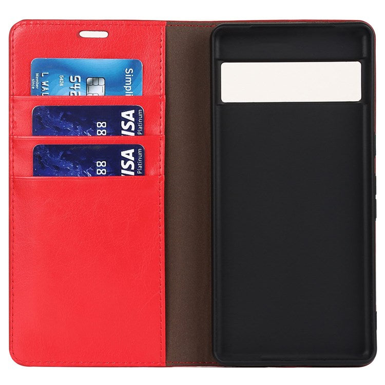 For Google Pixel 7 Pro Genuine Leather Flip Cover Crazy Horse Texture Wallet Stand Magnetic Absorption Anti-scratch Phone Cover - Red