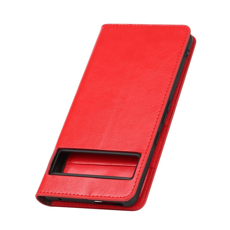 For Google Pixel 7 Pro Genuine Leather Flip Cover Crazy Horse Texture Wallet Stand Magnetic Absorption Anti-scratch Phone Cover - Red