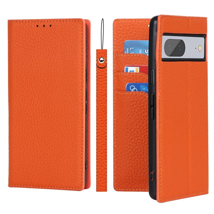 For Google Pixel 7 5G Full Protection Litchi Texture Genuine Leather Phone Case Stand Drop-proof Flip Wallet Cover with Wrist Strap - Orange