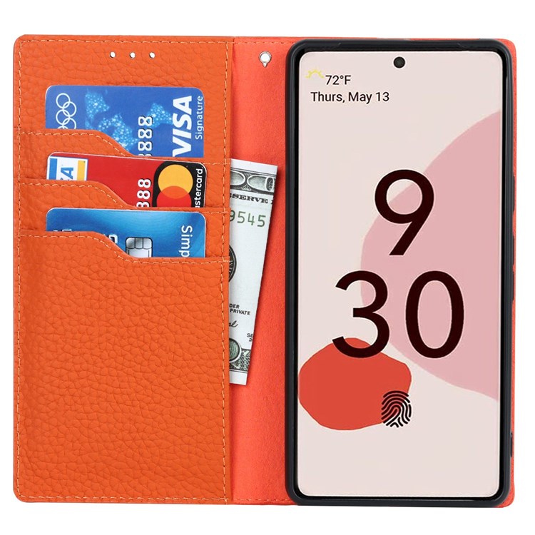 For Google Pixel 7 5G Full Protection Litchi Texture Genuine Leather Phone Case Stand Drop-proof Flip Wallet Cover with Wrist Strap - Orange