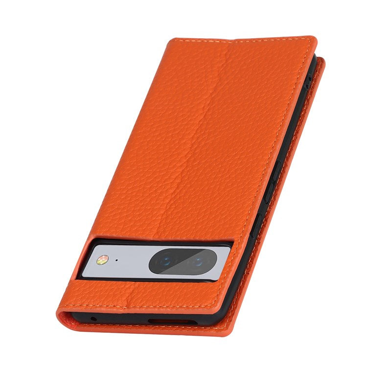 For Google Pixel 7 5G Full Protection Litchi Texture Genuine Leather Phone Case Stand Drop-proof Flip Wallet Cover with Wrist Strap - Orange